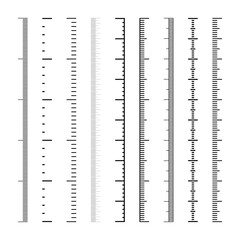 Vertical measurement scales with divisions. Realistic scale for measuring length or height in centimeters, millimeters or inches. Ruler, tape measure marks, size indicators. Vector illustration