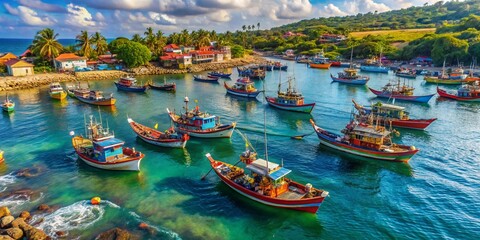 Obraz premium Aerial View of Fishing Boats Returning with Tuna Catch, Coastal Village