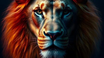 Fototapeta premium Majestic Lion Portrait with Intense Gaze and Glowing Mane