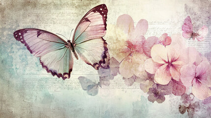 Vintage watercolor butterfly with delicate floral accents on textured paper, perfect for spring themes, nature designs, greeting cards, and elegant backgrounds