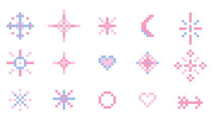 Pixel star sparkle cute retro 8 bit sparkle set. Shiny pink game pixel art effect set. Firework burst, arrow, space decoration. 90s aesthetics, y2k 