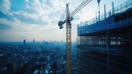 Skyscraper construction site with crane and cityscape background.