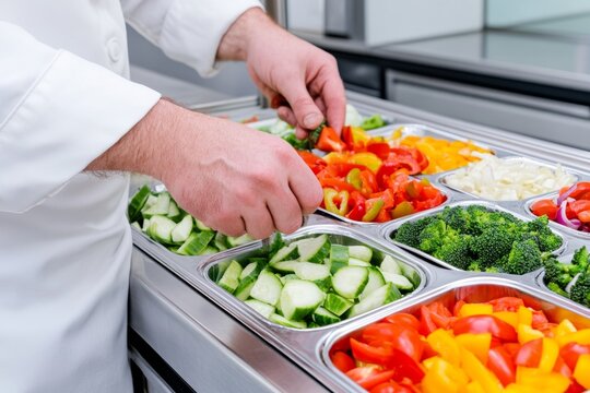 A chef restocking fresh vegetables at a salad bar, ensuring quality and freshness