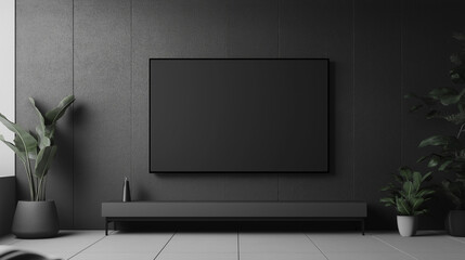 Fototapeta premium modern black living room with lcd tv , plants in pot