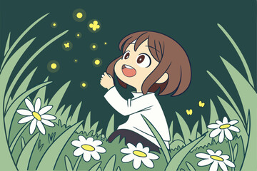  A digital illustration of a cute anime girl with short brown hair and a joyful expression, sitting in a field of white daisies. She is wearing a white long-sleeved shirt and has her hands raised in