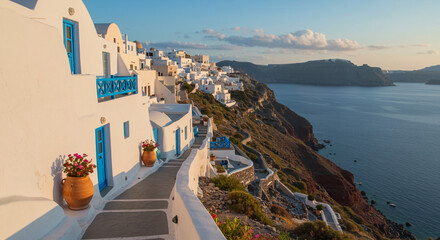 Obraz premium Charming Mediterranean village by the sea, with whitewashed buildings, narrow streets, and blue accents.