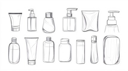 Line art of a collection of collapsible travel bottles for toiletries