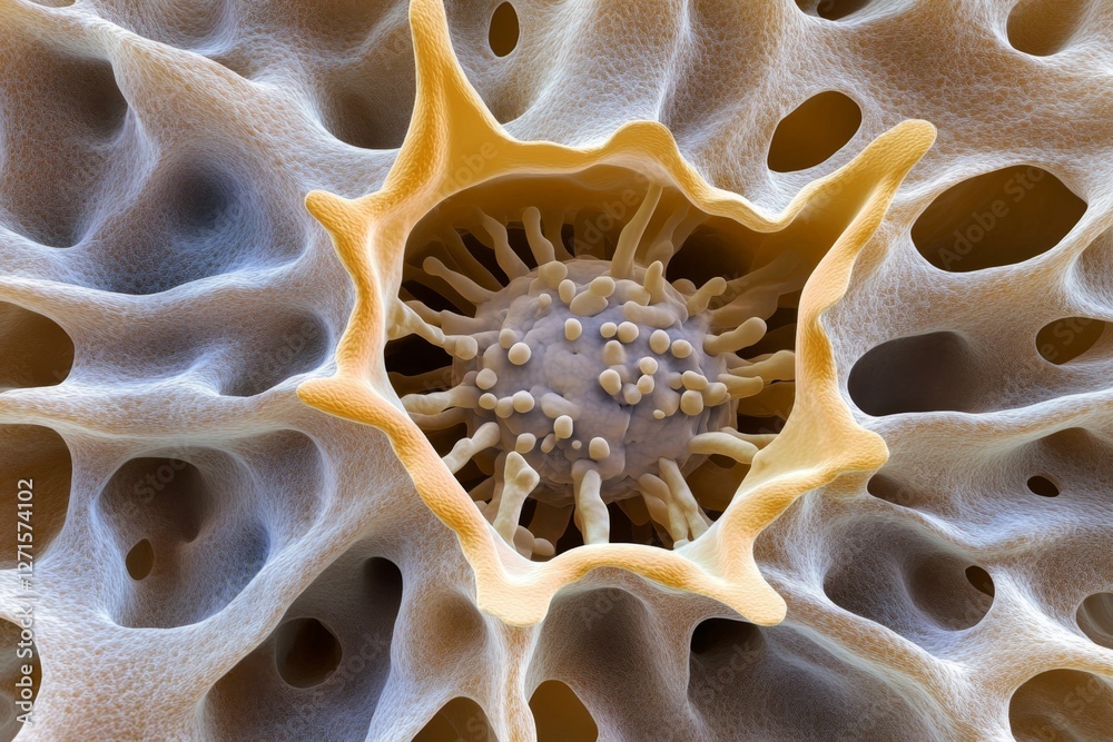 Poster a close-up of a virus cell under magnification, showing detailed biological structures
