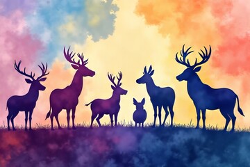 Naklejka premium Watercolor Silhouette Deer Group in a Colorful Landscape