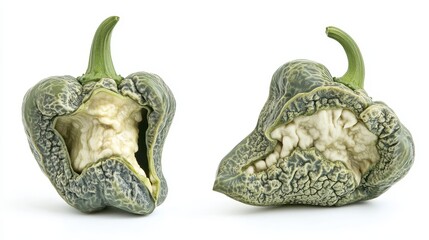 Naklejka premium Two unique green peppers are partially cut open, revealing their wrinkled surfaces against white