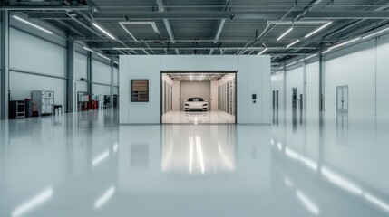 "A sleek industrial storage facility, commercial lighting highlighting its sharp design