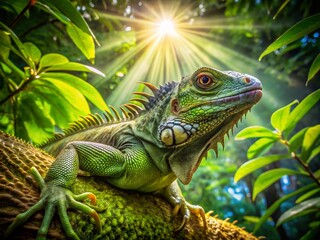 Fototapeta premium Aerial View of Green Iguana in Lush Tropical Habitat