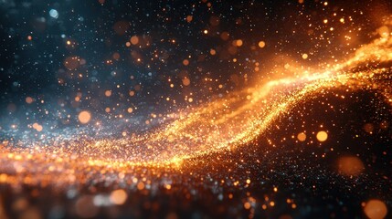 Abstract golden particles flowing over dark background