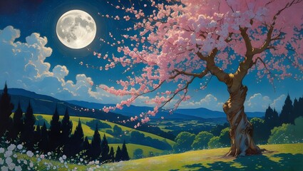 Obraz premium Cherry Blossom Tree Blooming Under Moonlight Landscape with Rolling Hills