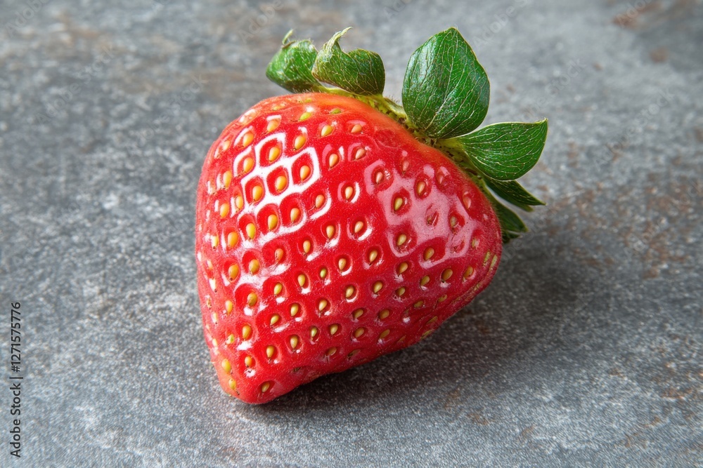 Poster freshly picked vibrant strawberry resting on a textured gray surface showcasing its rich color and n