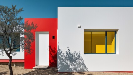 Modern house with a white and red facade, featuring clean architectural lines and a stylish exterior.