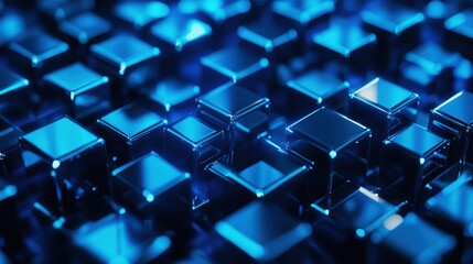 Fototapeta premium 3D abstract technology background with glowing blue cubes, digital patterns, and geometric shapes for web design, graphics, and futuristic presentations.