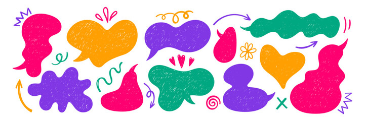 Set of text boxes, speech bubbles, arrow and swirl with crayon or chalk texture. Retro illustration on the white background.