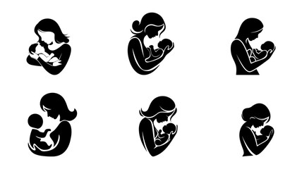 Naklejka premium A Set Of Six Black Silhouette Icons Depicting Mothers Lovingly Holding Their Babies.