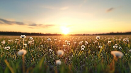 Obraz premium Sunset over a Field of White Flowers