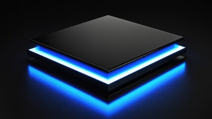 Abstract 3D square shapes rotating slowly with glowing blue accents, casting dramatic shadows.