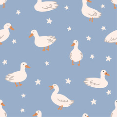 Cute seamless pattern with hand drawn ducks and stars, backgrounds for kids, baby, boys, children