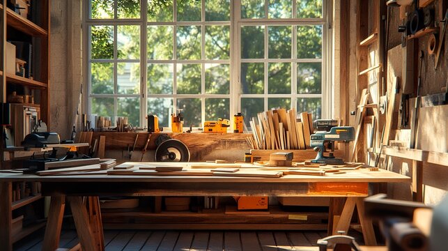 Sunny workshop, woodworking tools, crafts, natural light, project in progress, ideal for DIY blogs