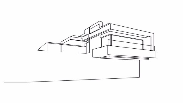 Self drawing animation of modern flat roof house drawn by continuous line. Animated minimalist commercial building black one line sketch.