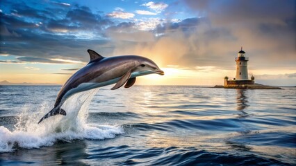 Fototapeta premium A playful dolphin leaps gracefully over the waves at sunset, a beacon of light in the distance
