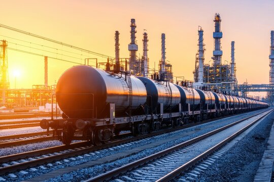 A train carrying black tankers moves along tracks near an industrial facility, with a vibrant sunset casting warm colors in the background.