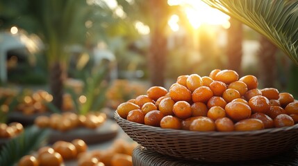 Sunlit basket overflowing with juicy orange fruits in a tropical setting.