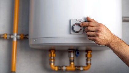 A technician adjusting the temperature on a modern water heater, showcasing technical skills and home maintenance.