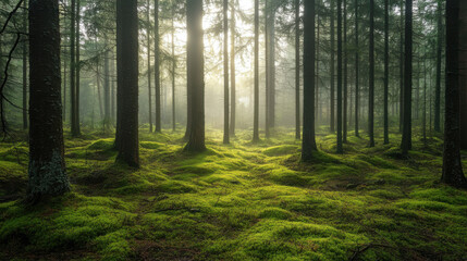 Obraz premium A foggy morning in a pine forest with moss-covered ground and soft light filtering through —ar 16:9 