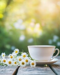 Enchanting Garden Tea Time Setting with Fresh Chamomile Flowers in Vintage Porcelain Cup Rustic Outdoor Atmosphere
