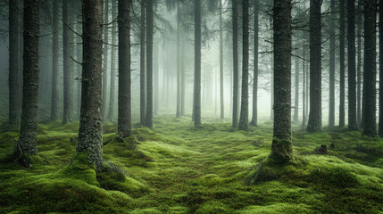 Fototapeta premium A foggy morning in a pine forest with moss-covered ground and soft light filtering through —ar 16:9 