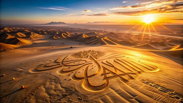 Aerial View of Islamic Calligraphy "Ya Ali" Design in Sand - Desert Landscape
