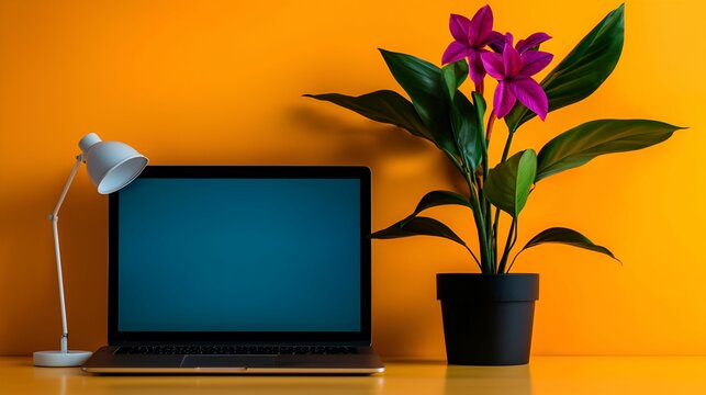 Decluttering tips concept. Modern workspace with a laptop, lamp, and vibrant flower pot against an orange wall.
