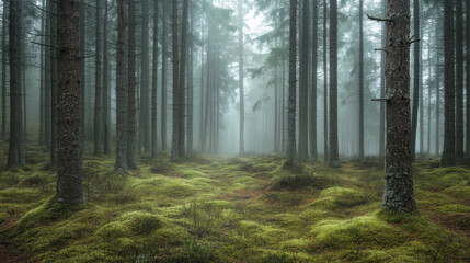 Obraz premium A foggy morning in a pine forest with moss-covered ground and soft light filtering through —ar 16:9 