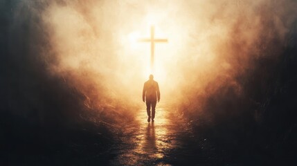 Silhouette of man walking towards a cross illuminated by bright light in a dark, smoky environment.