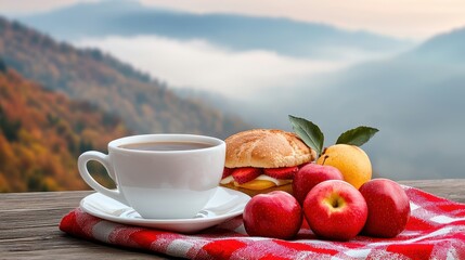 Relaxing Breakfast Scene with Coffee and Fresh Fruits in Nature