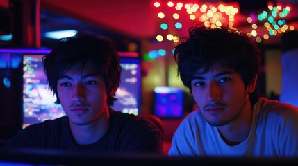 Obraz premium Two young men focus intently on their screens, surrounded by colorful lights in a gaming room
