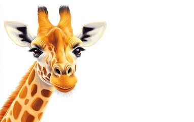 Fototapeta premium A close-up portrait of a cheerful giraffe against a white background, showcasing its features