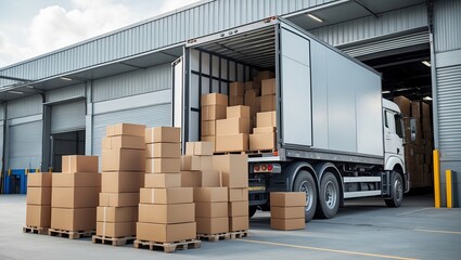 Cargo truck unloading cardboard boxes in a warehouse with stacks of packages on the ground