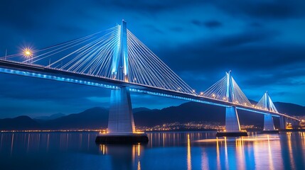Fototapeta premium Night view of illuminated cable-stayed bridge over water, city lights in background; ideal for travel brochures.