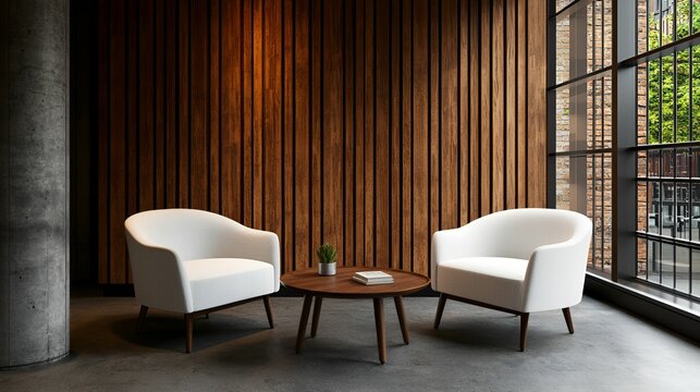 Decluttering tips concept. Cozy seating area with two white chairs and a wooden table against a wooden wall.