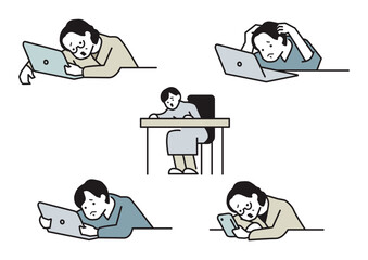 Set of illustrations of a woman slumped over a desk