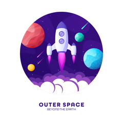 Rocket launch, space futuristic colorful background with planets and stars. Cartoon starship, spaceship in night sky. Solar system, galaxy and universe exploration. Vector illustration