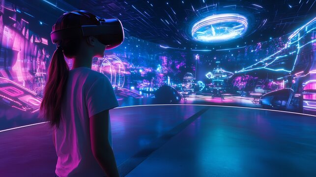 Immersive VR Experience: A Person Wearing a Virtual Reality Headset Exploring a Lush, Bioluminescent, Alien World, Emphasizing Virtual Reality Technology, Immersive Experiences, and the Metaverse.