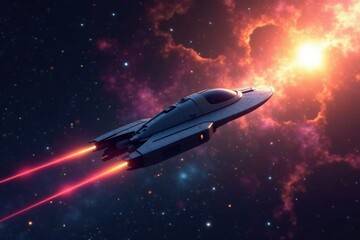 Naklejka premium A futuristic spacecraft streaks across a vibrant nebula, propelled by powerful thrusters, towards a distant star.
