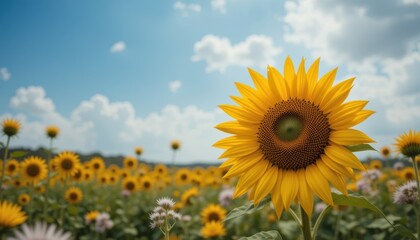 Obraz premium Bright and Beautiful Sunflower in a Sunny Field with Fluffy Clouds in the Background Under Clear Blue Sky